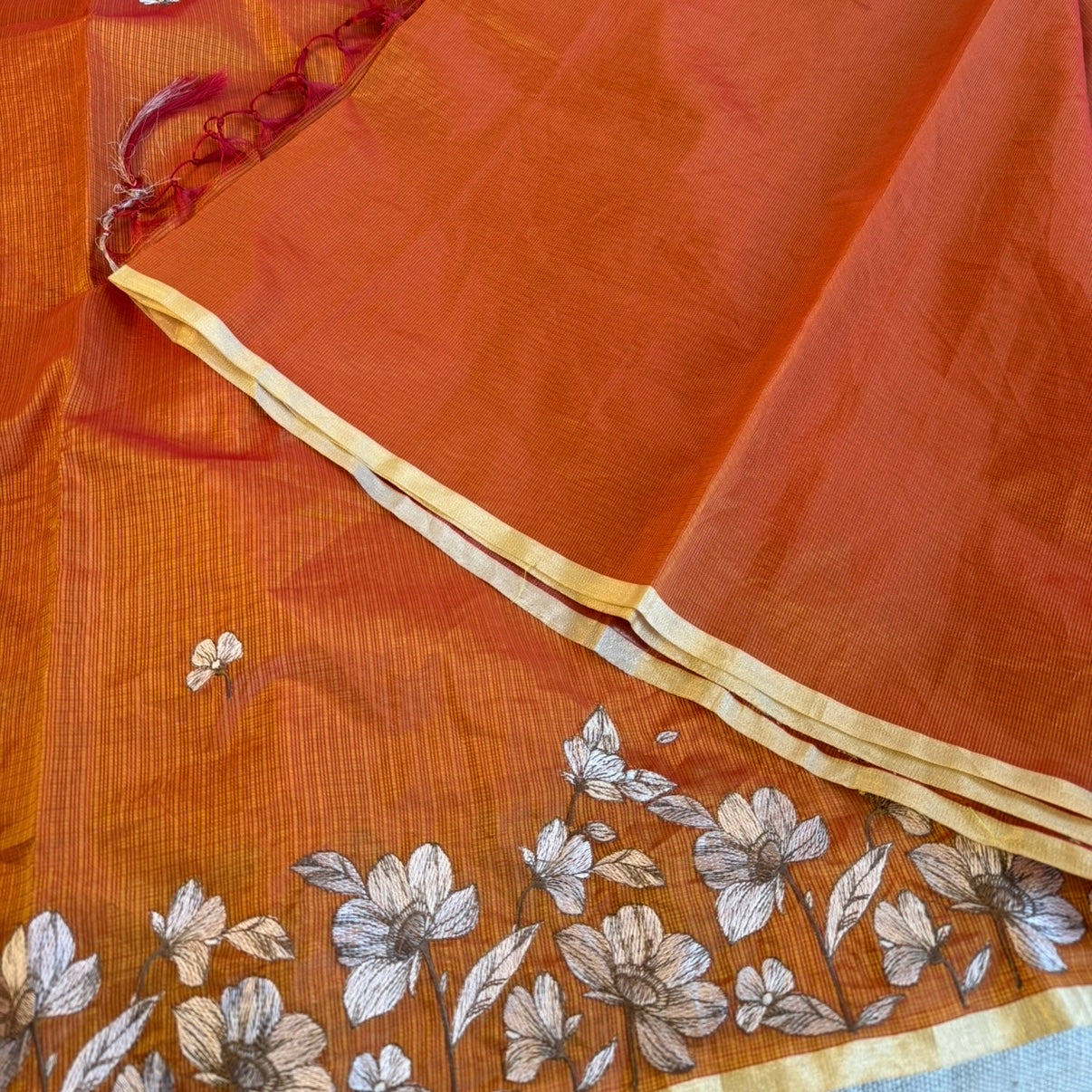 Orange Kota Tissue Embroidery Saree