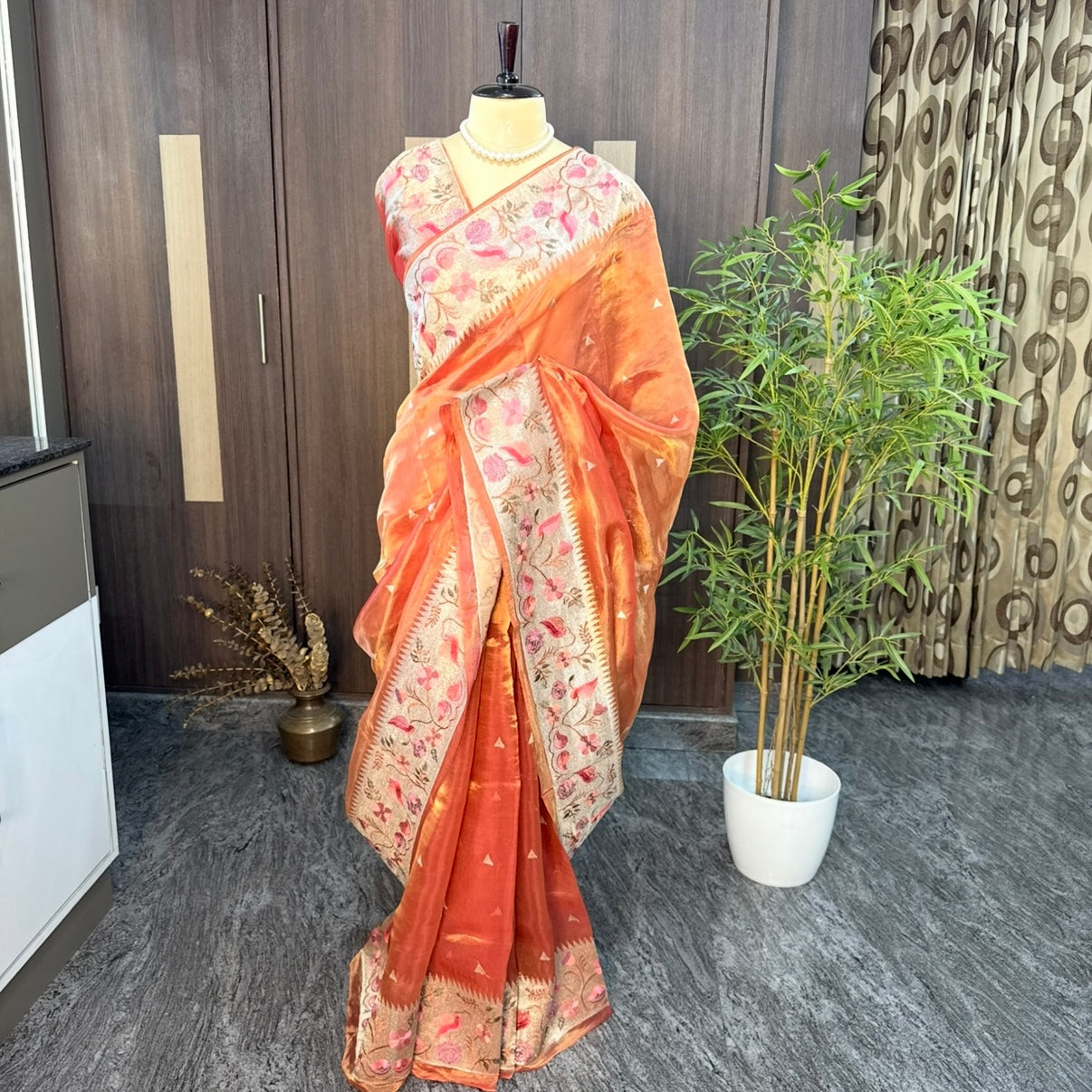 Sunset Burnt Orange Zari Embroidery Border Pure Tissue Silk Saree