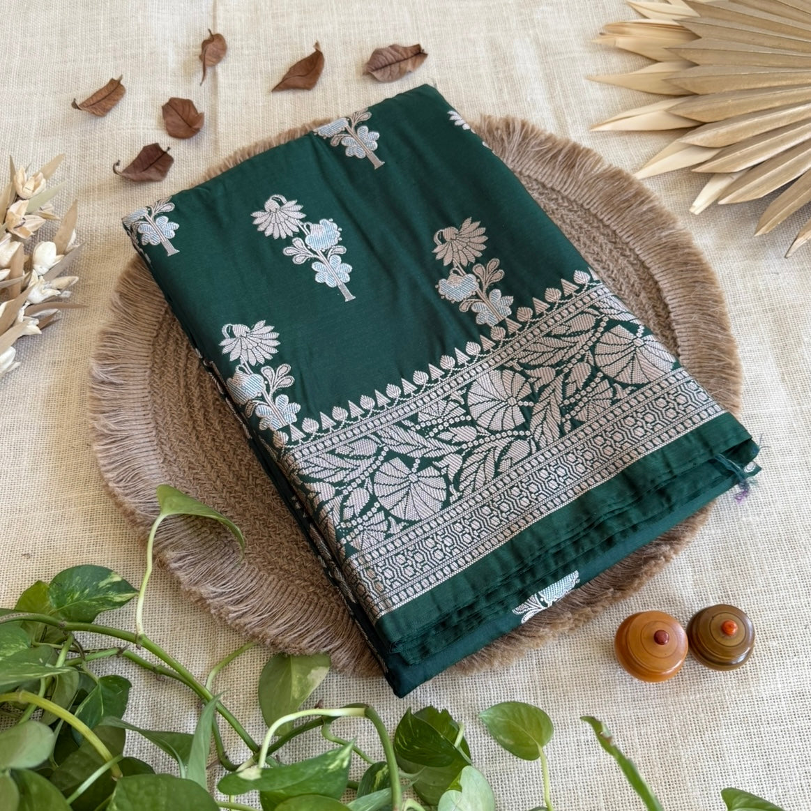 Dark Green Banarasi Russian Silk Saree
