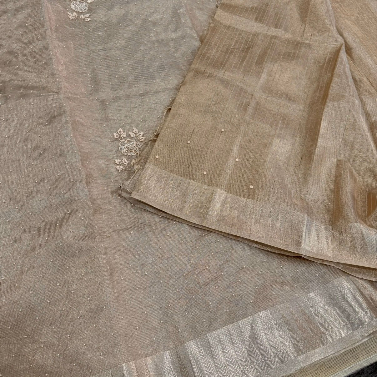 Beige Pearl Tissue Silk Saree