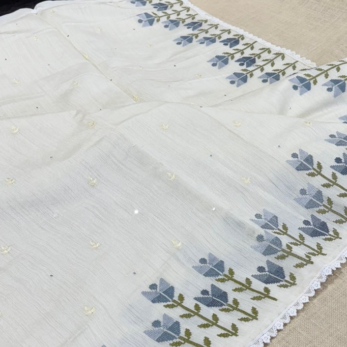 White n Indigo Floral Cross Stitch Embroidery Linen Saree