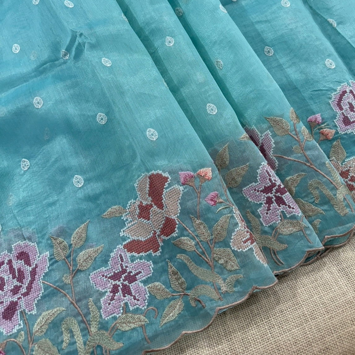 Sea green Floral Shimmer Tussar Saree