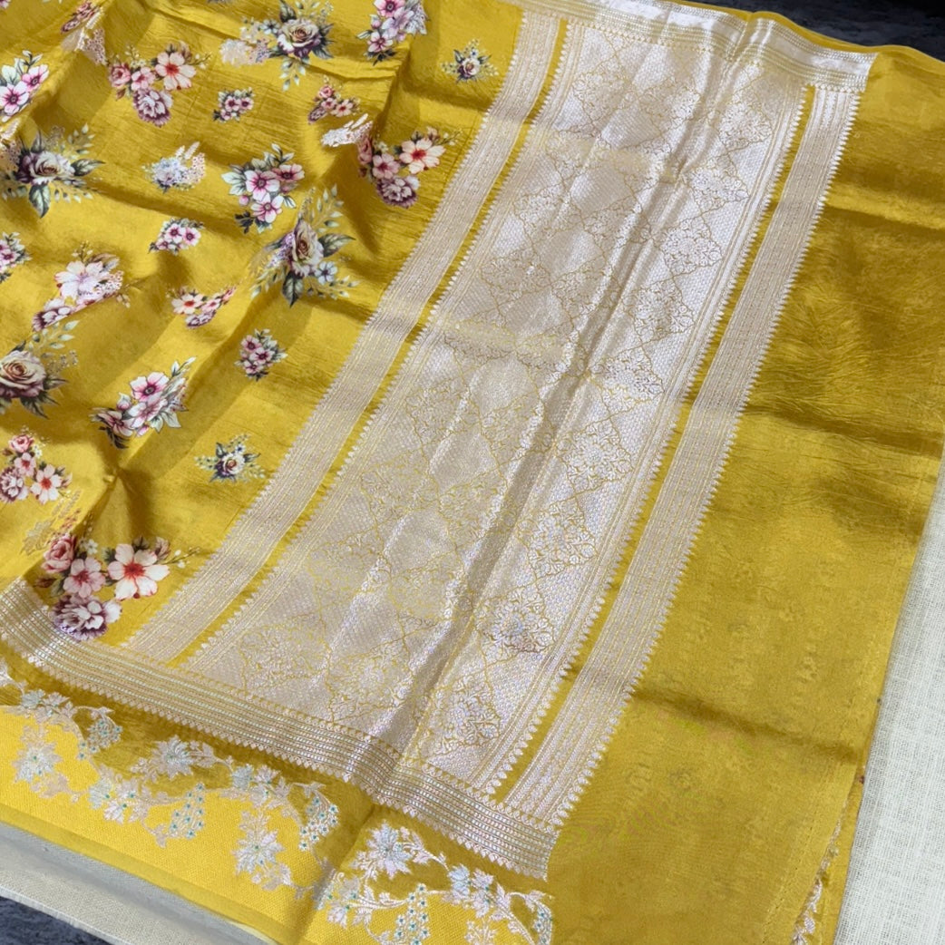 Mustard Floral Digital Raw Mango Silk Saree