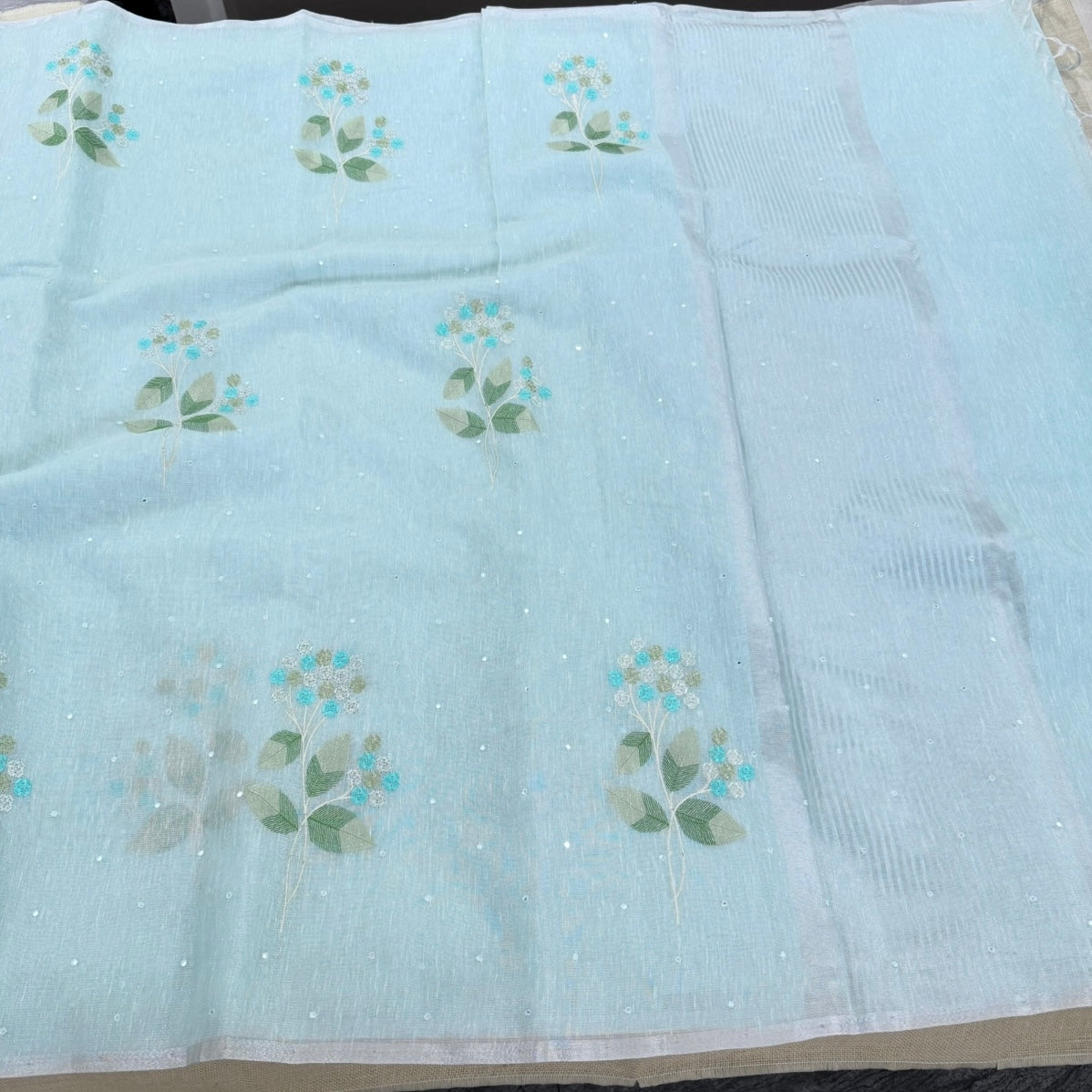Pastel Blue Floral Embroidery Tissue Linen Saree
