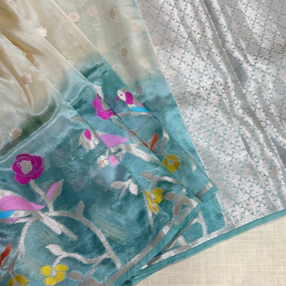 Sea Green Off White Floral Paper Silk Saree