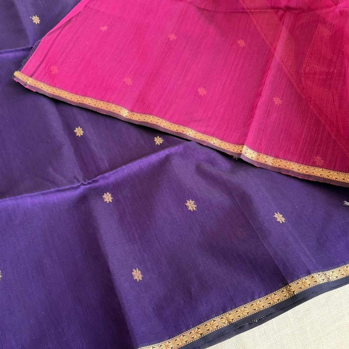 Purple Maheshwari Silk Cotton Saree Pink Pallu