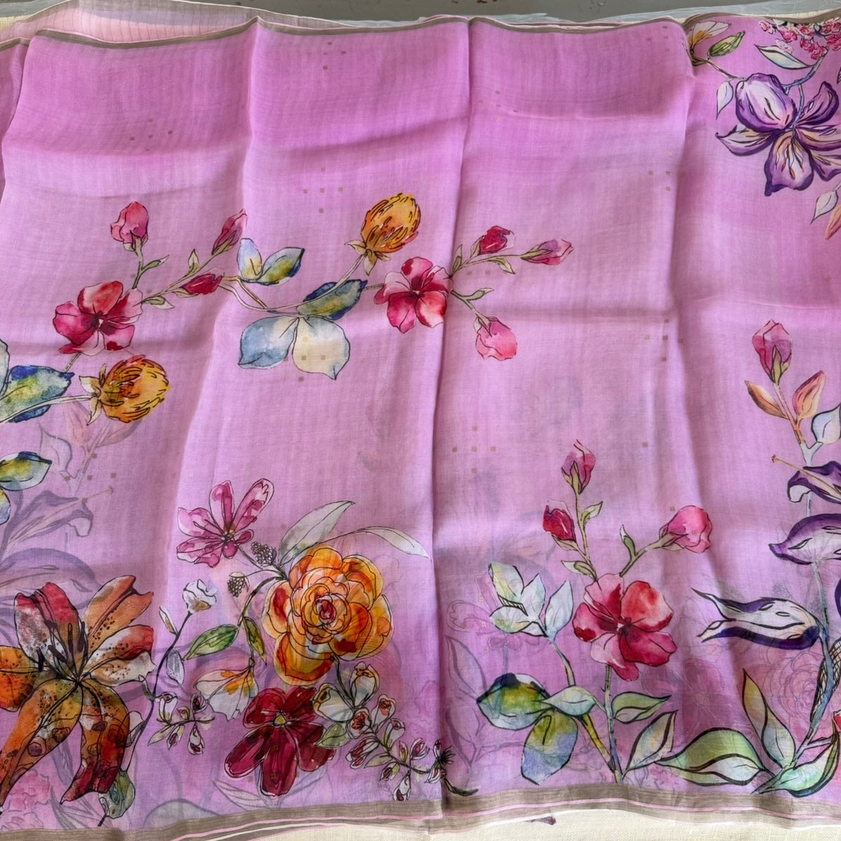 Pinkish Lavender Floral Digital Printed Muslin Sequin Silk