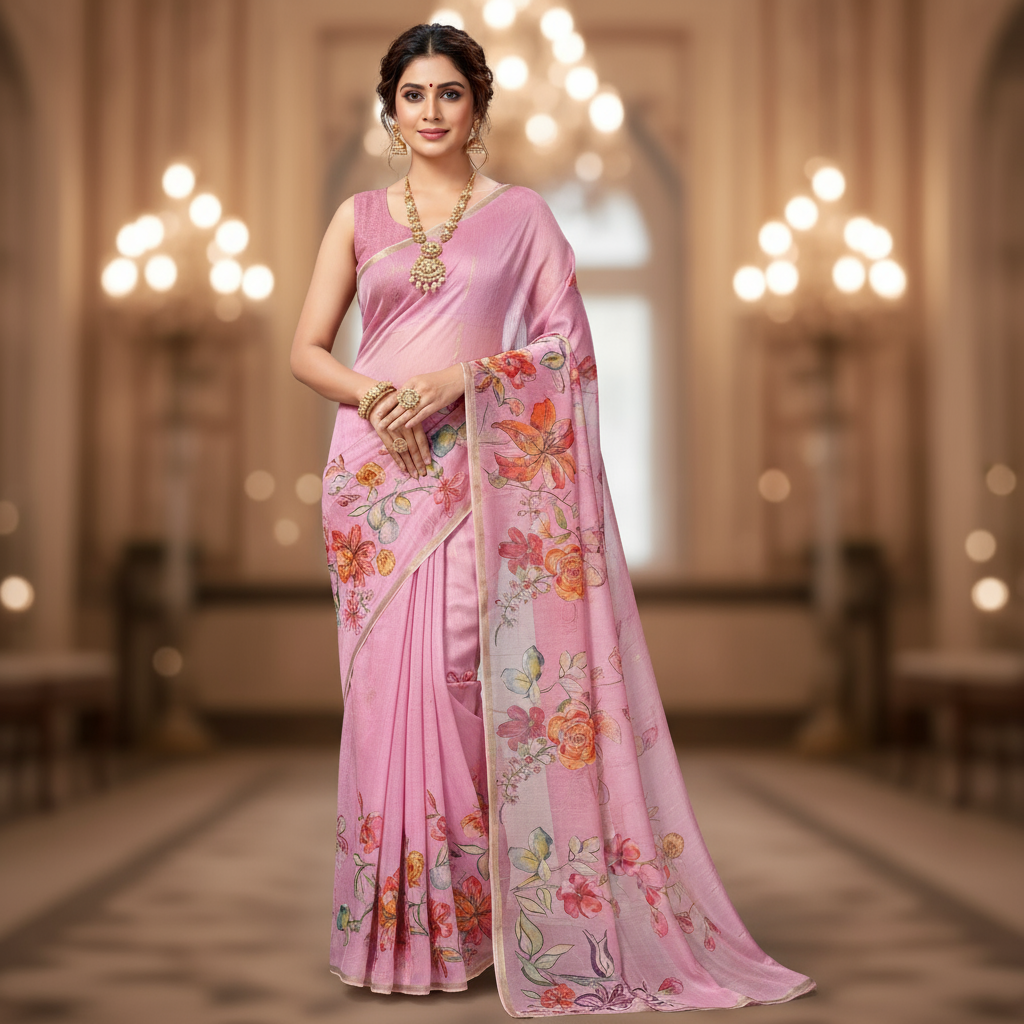 Pinkish Lavender Floral Digital Printed Muslin Sequin Silk