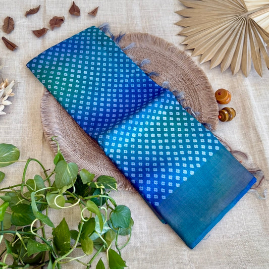 Peacock Blue Green Ajrakh Pallu Pure Tussar Silk Saree