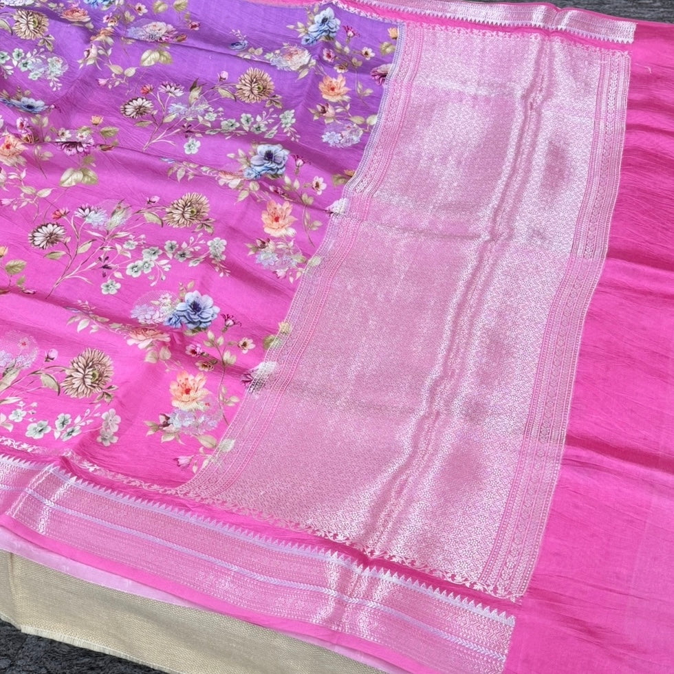 Pink with Purple Floral Digital Raw Mango Silk Saree