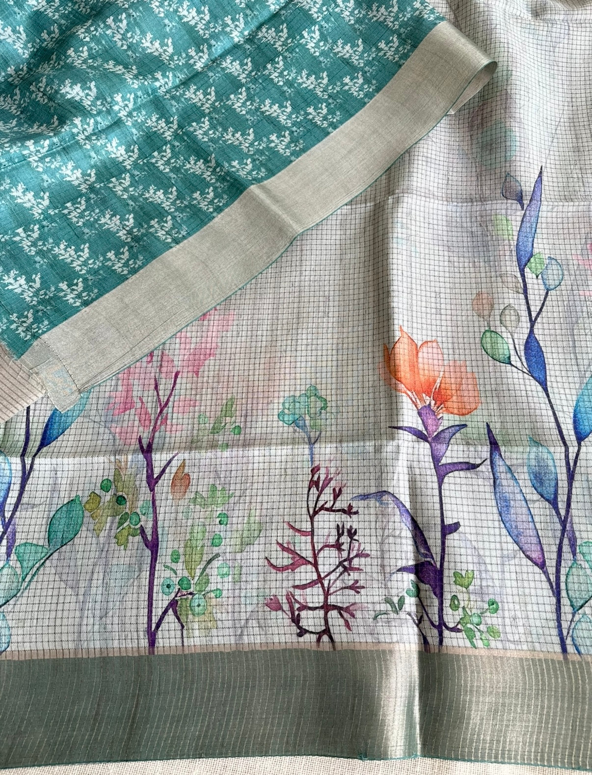 Turquoise Floral Kota Checks Tussar Saree