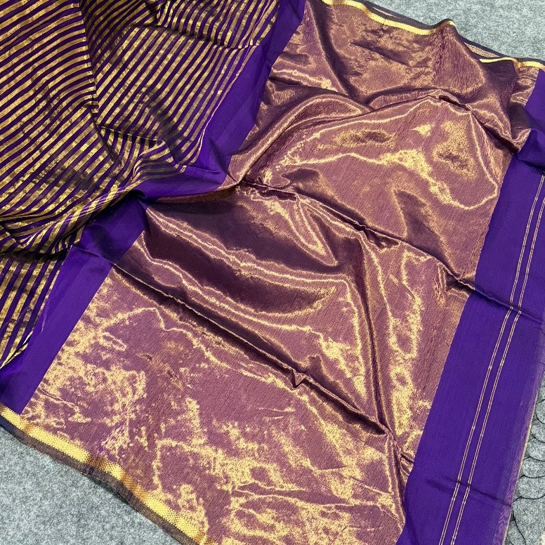 Purple Gold Stripes Maheshwari Silk Cotton Saree