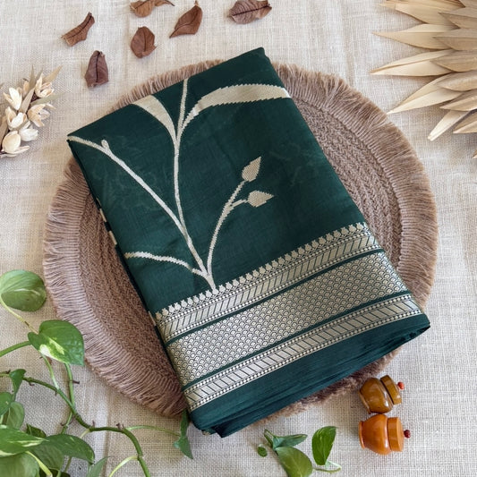 Bottle Green Pure Raw Mango Banarasi Silk Saree