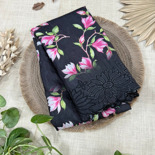 Black Floral Scallop Semi Tussar Saree