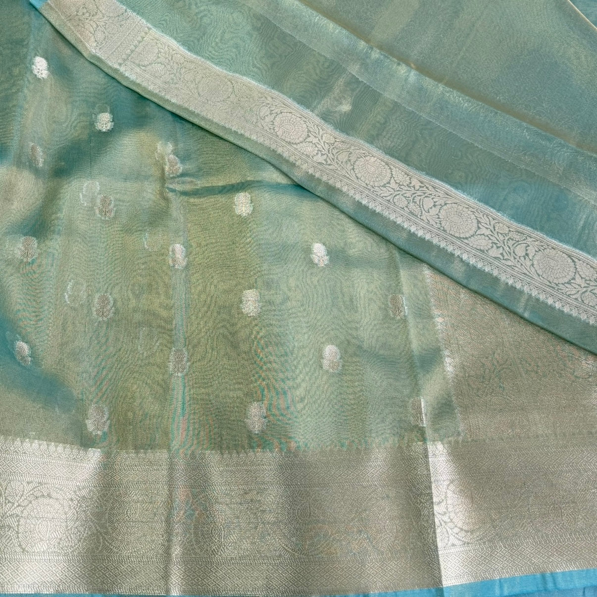 Pastel Sea Green Tissue Silk saree
