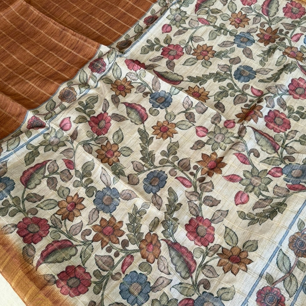 Rust Brown Checks Kalamkari Semi Tussar Saree