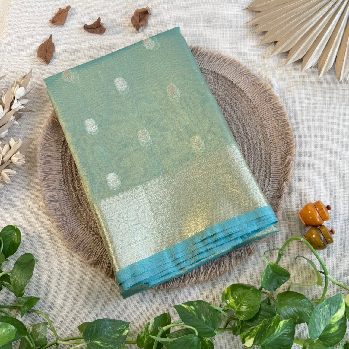 Pastel Sea Green Tissue Silk saree