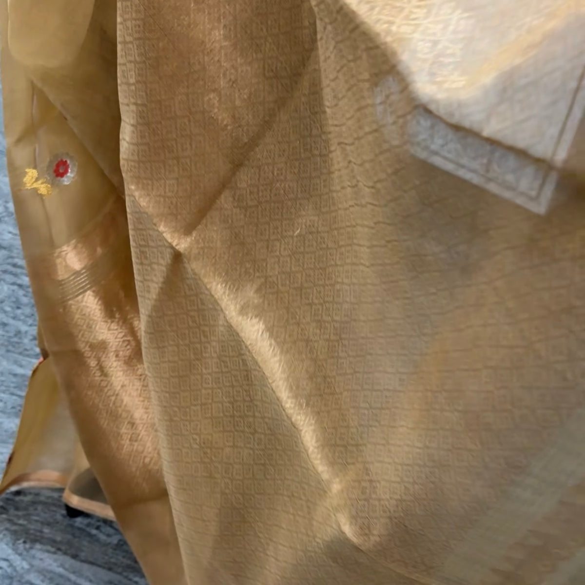 Silk Mark certified beige Kora muslin Banarasi saree drape