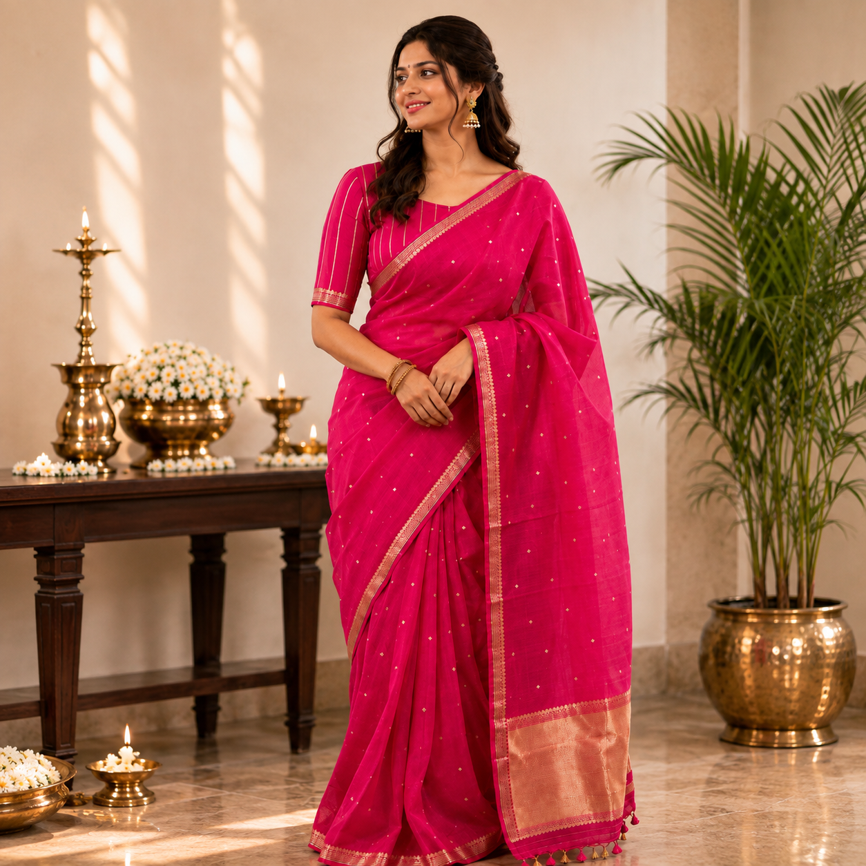 Vibrant Rani Pink Pure Kora Silk Saree