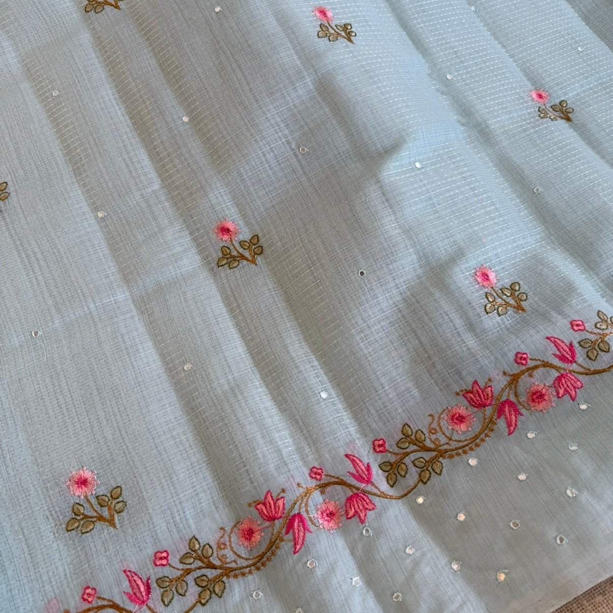 Baby Blue Pink Floral Embroidery Linen Mirror Saree