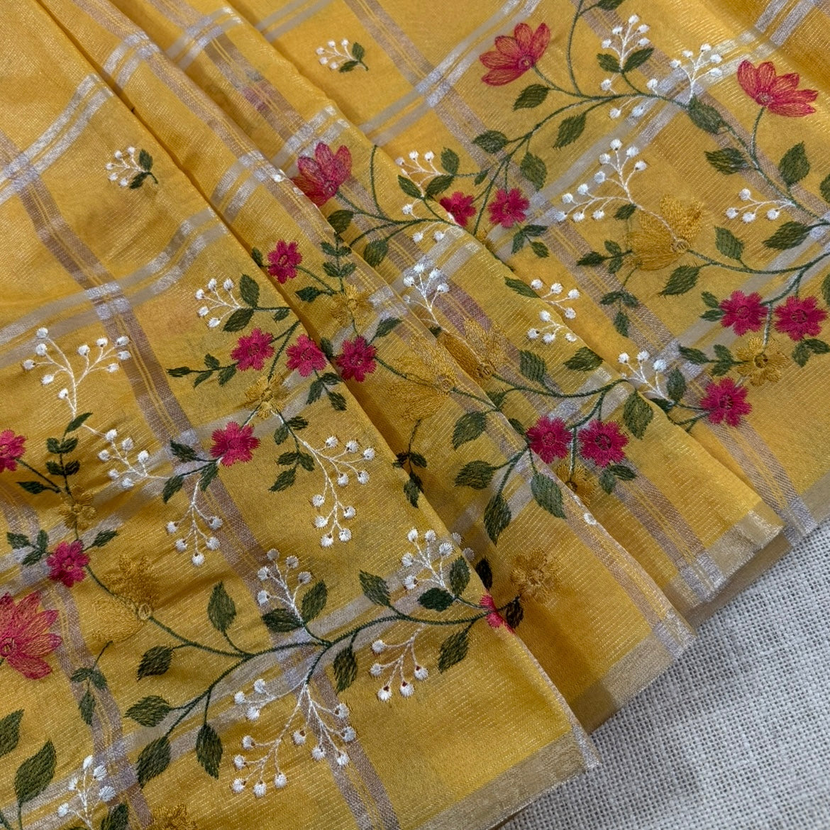 Mustard Chekcs Floral Embroidery Semi Tussar Saree