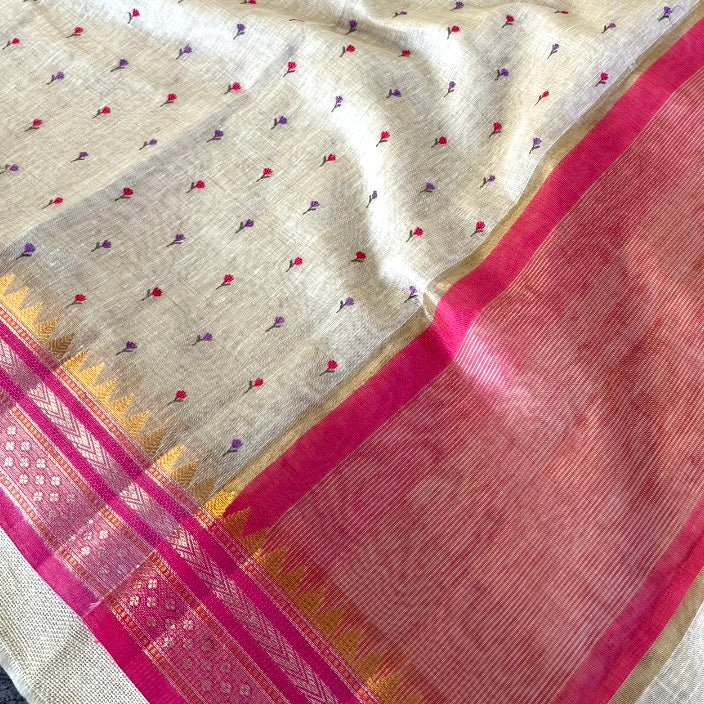 Beige Pink Lilac Floral Embroidery Linen Saree