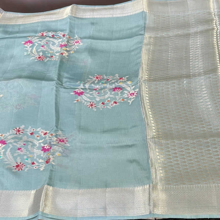 Misty Blue Floral Kora Silk Saree