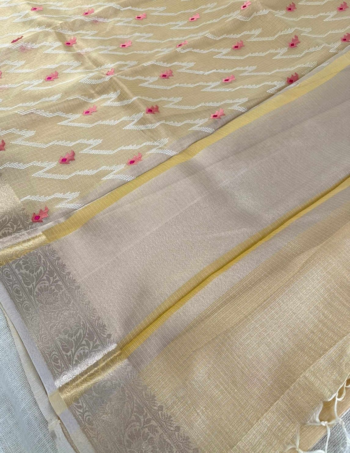 Beige Kota Tissue Embroidery Saree