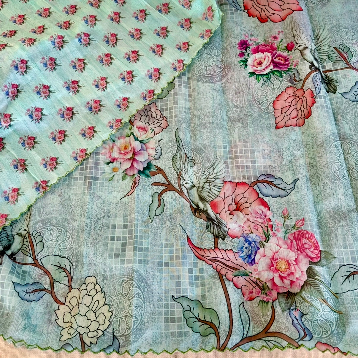 Sea Green Mandala Floral Semi Tussar Saree