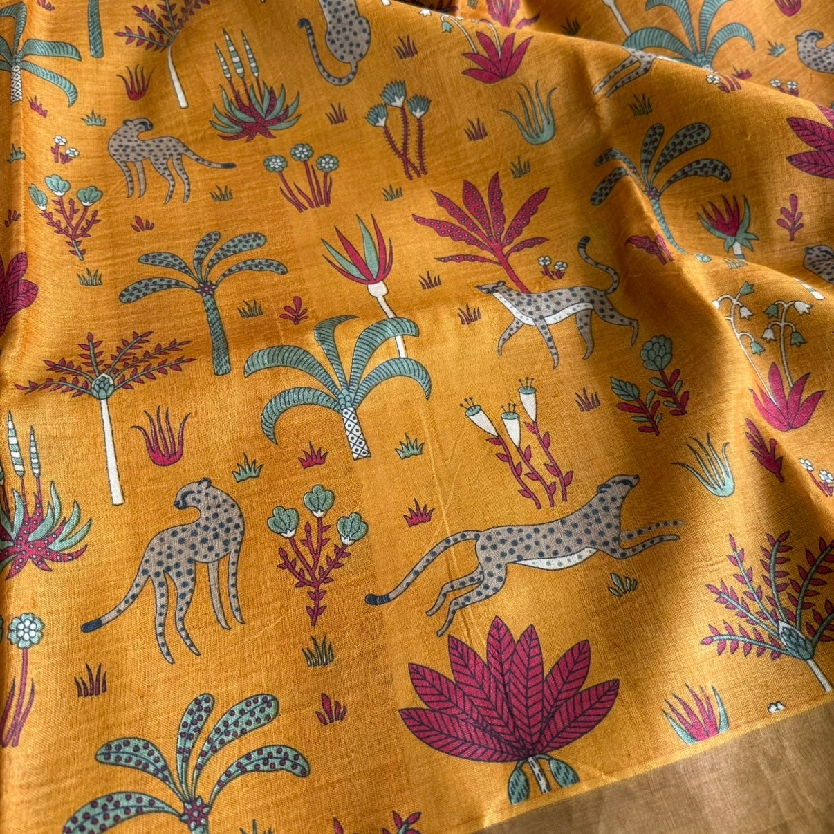 Mustard Yellow With Cheetahs Pure Tussar Silk Saree
