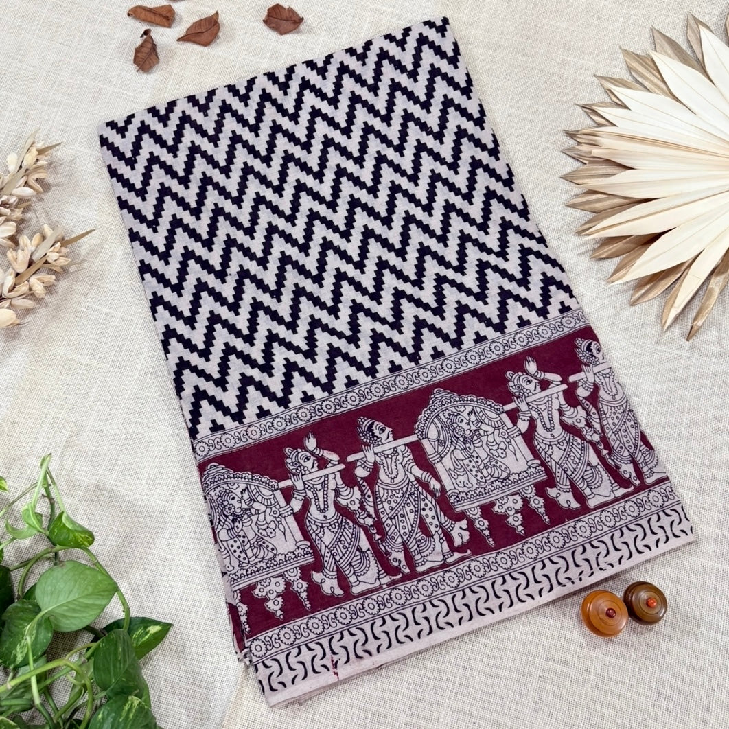 Brown Black Zigzag Kalamkari Cotton Saree