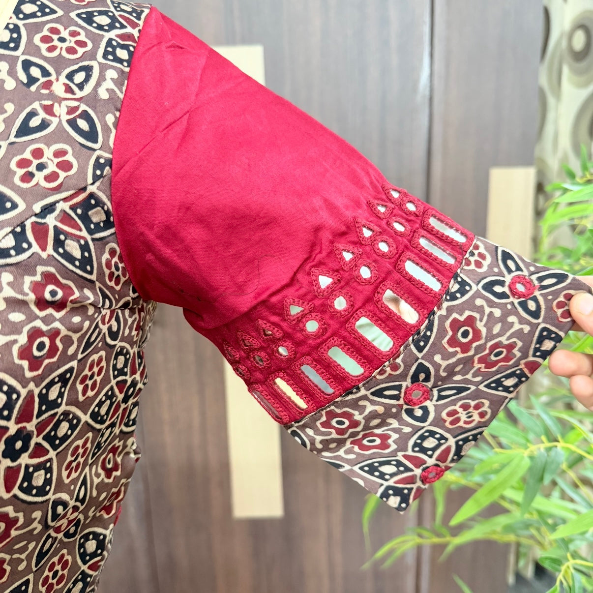 Earthy Beige with Maroon Ajrakh Modal Mirror Embroidery Blouse