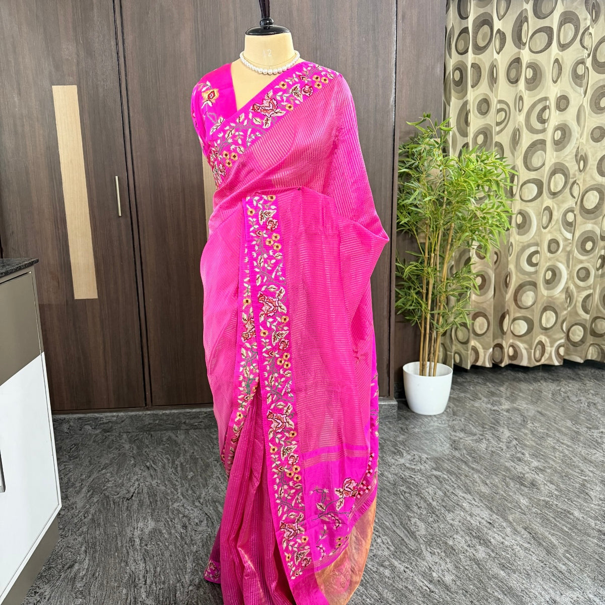 Pink Pure Tissue Embroidery Silk Saree