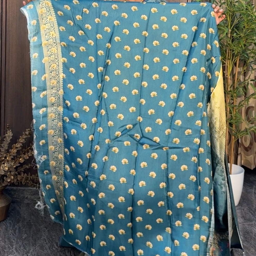 Yellow with Sky Blue Pure Dola Crepe Silk Saree