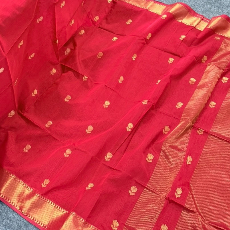 Red Lotus Butta Maheshwari Silk Cotton Saree