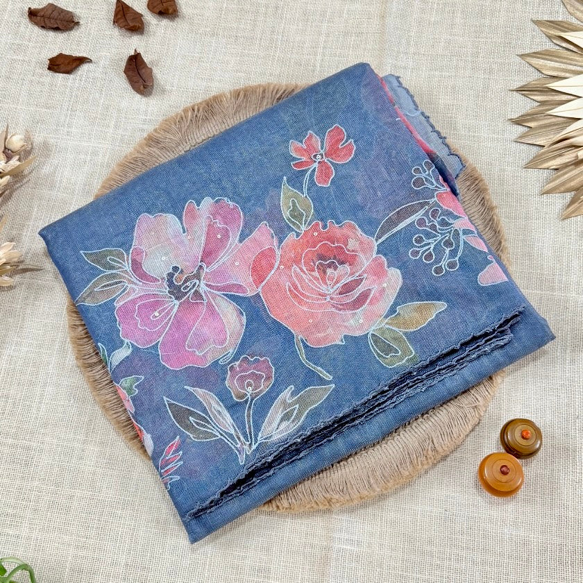 Grey Floral Semi Tussar Saree