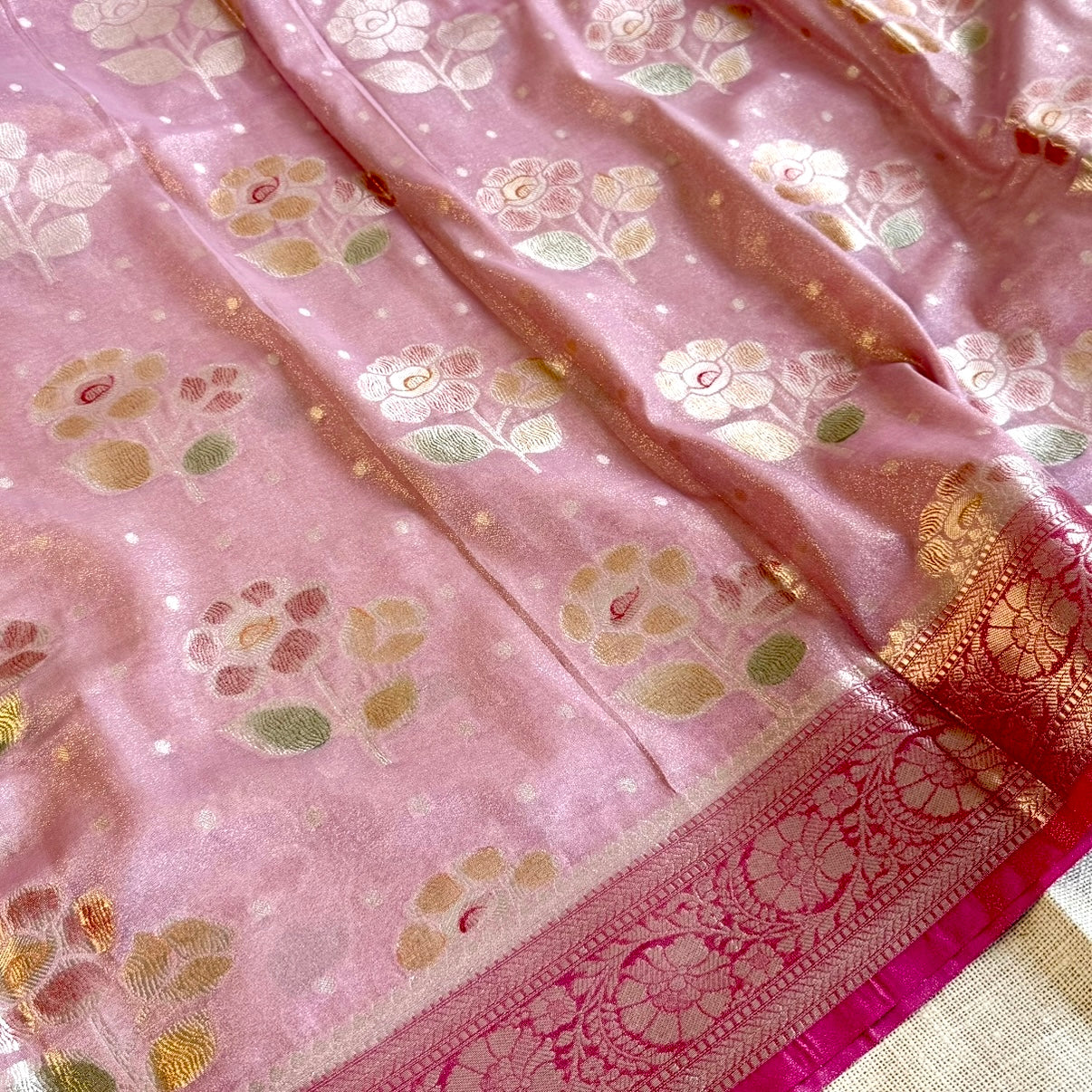 Pastel Pink Floral Soft Tissue Silk Saree