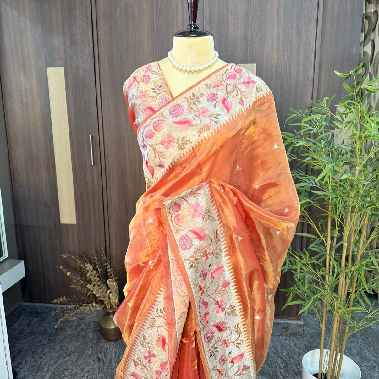 Sunset Burnt Orange Zari Embroidery Border Pure Tissue Silk Saree