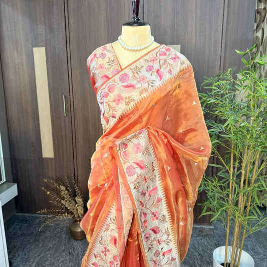 Sunset Burnt Orange Zari Embroidery Border Pure Tissue Silk Saree