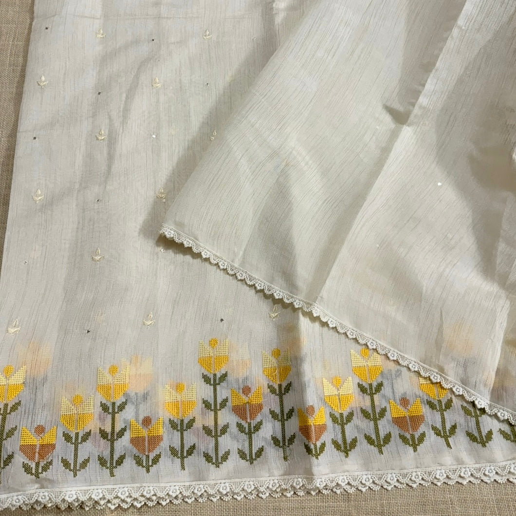 White n Yellow Floral Cross Stitch Embroidery Linen Saree