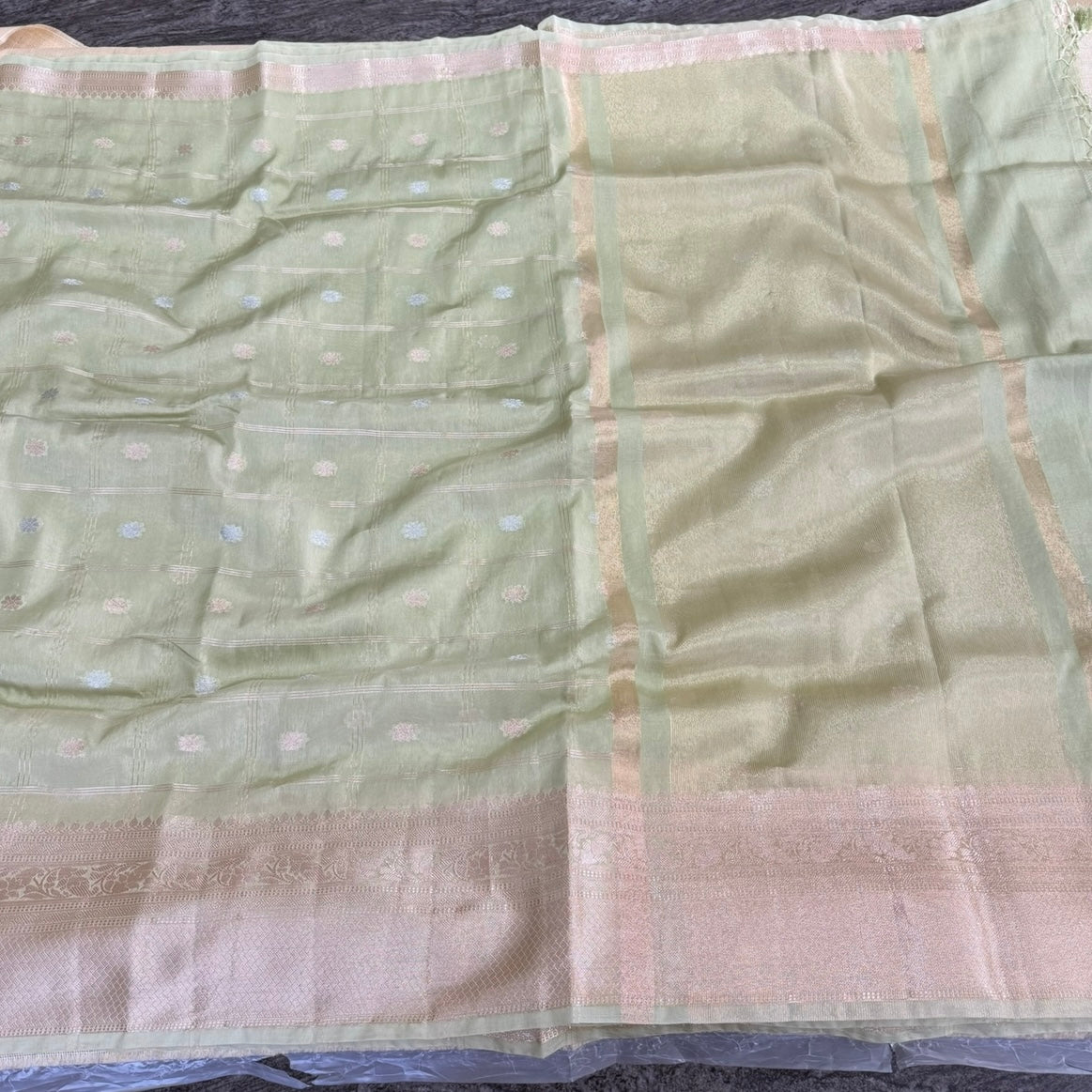 Pastel Green Checked Kora Silk Saree