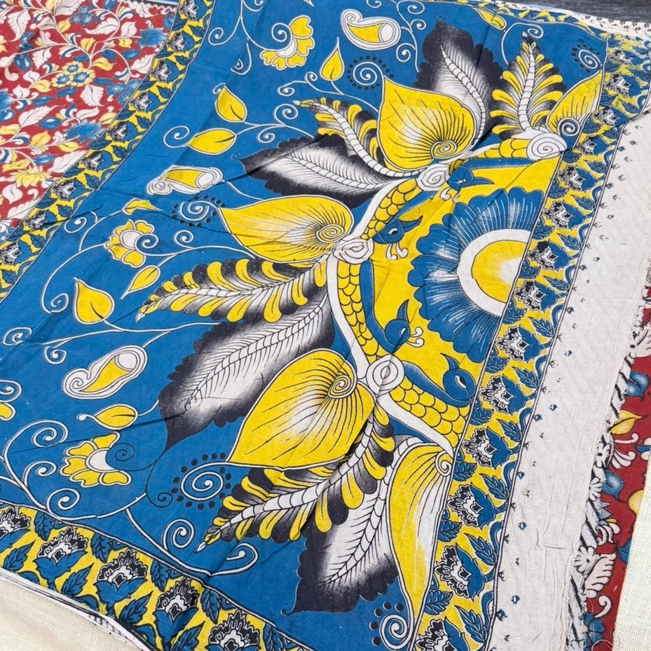 Red with Blue Floral Kalamkari Cotton Saree