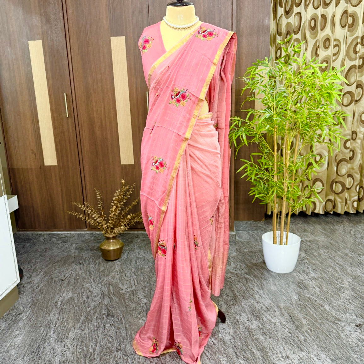 Peach Zari Checks Chinnon Silk Saree