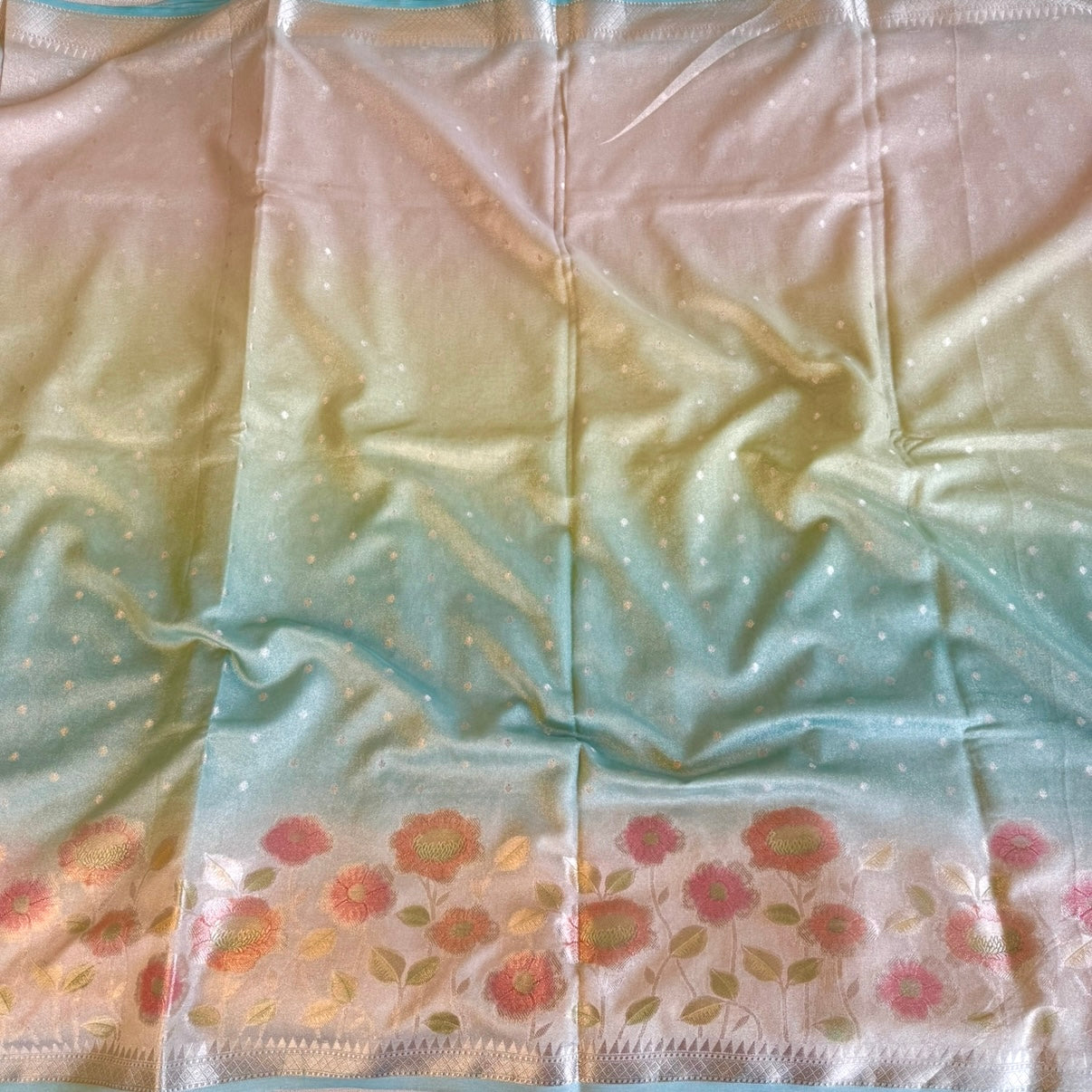 Sea Green Gradient Floral Soft Tissue Silk Saree
