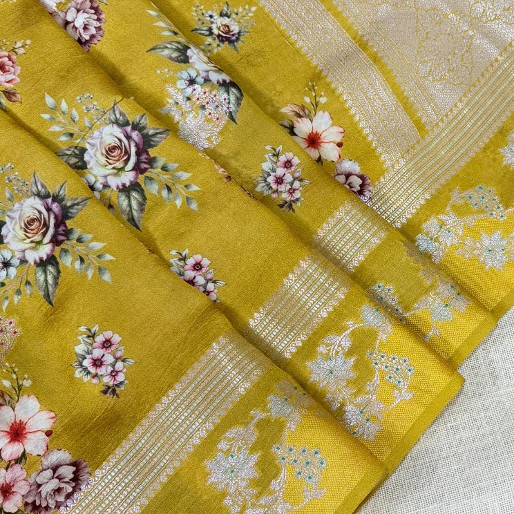 Mustard Floral Digital Raw Mango Silk Saree
