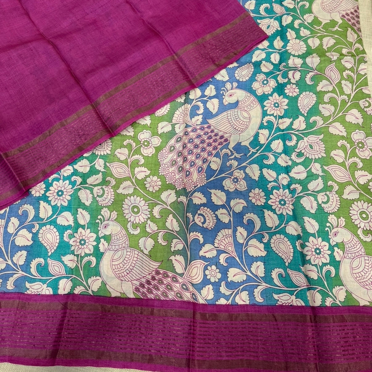 Magenta Peacock Pure Tussar Silk Saree