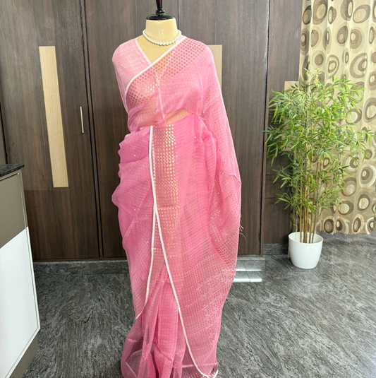 Pink Pure Kora Muslin Sequin Silk Saree