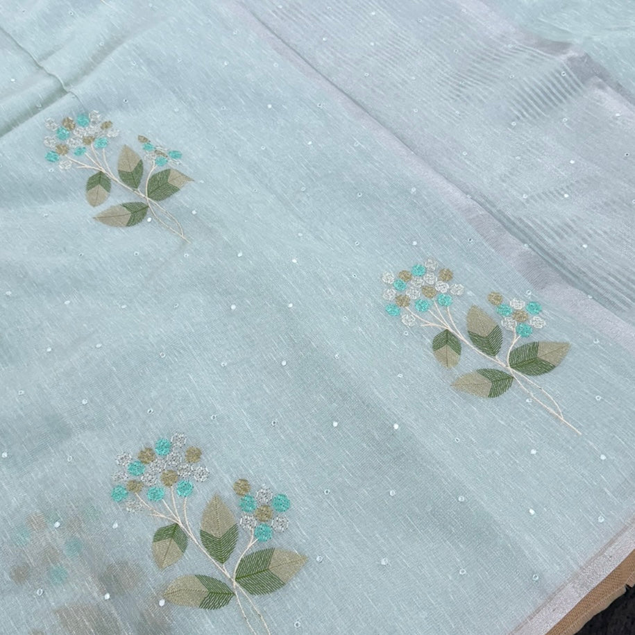 Pastel Blue Floral Embroidery Tissue Linen Saree