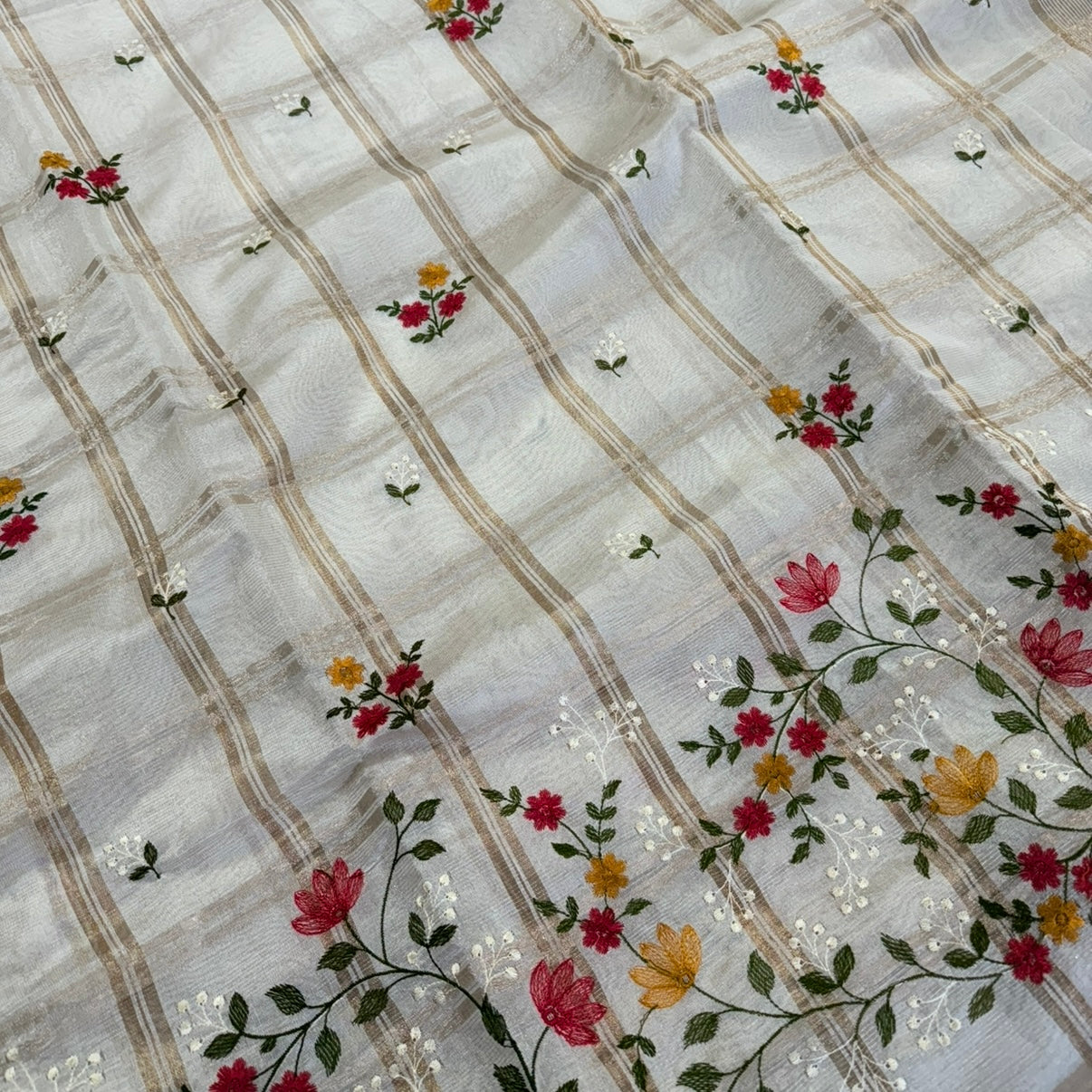 Off white Checks Floral Embroidery Semi Tussar Saree