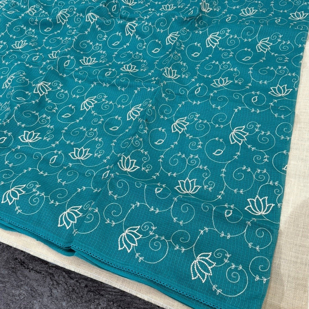 Rama green Kota Cotton Crochet Embroidery Saree